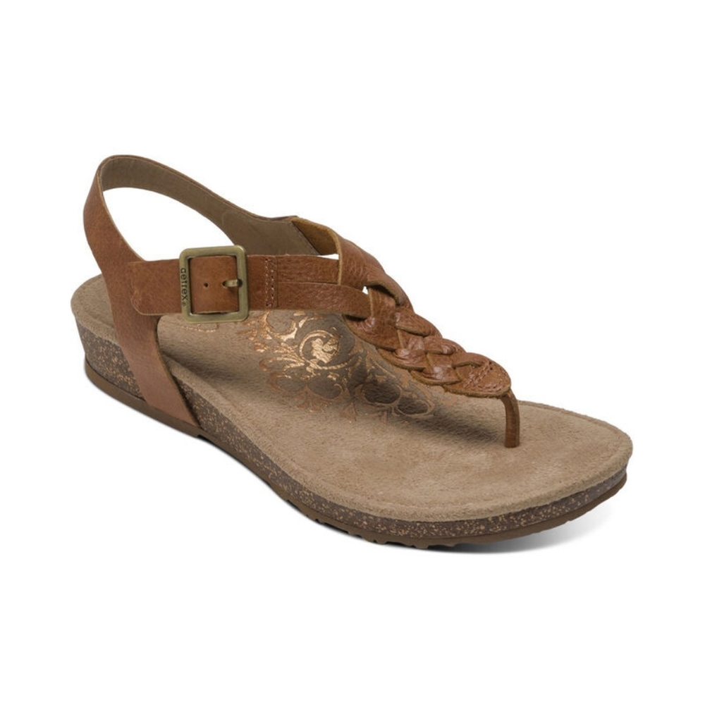Aetrex Harper Braided Thong in cognac